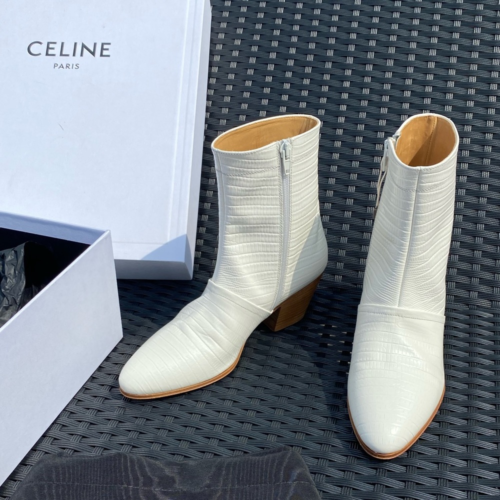 Celine Cuban White Ankle Boots